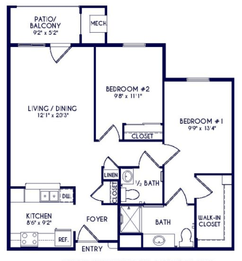 A detailed floor plan of a two-bedroom apartment with labeled room dimensions.