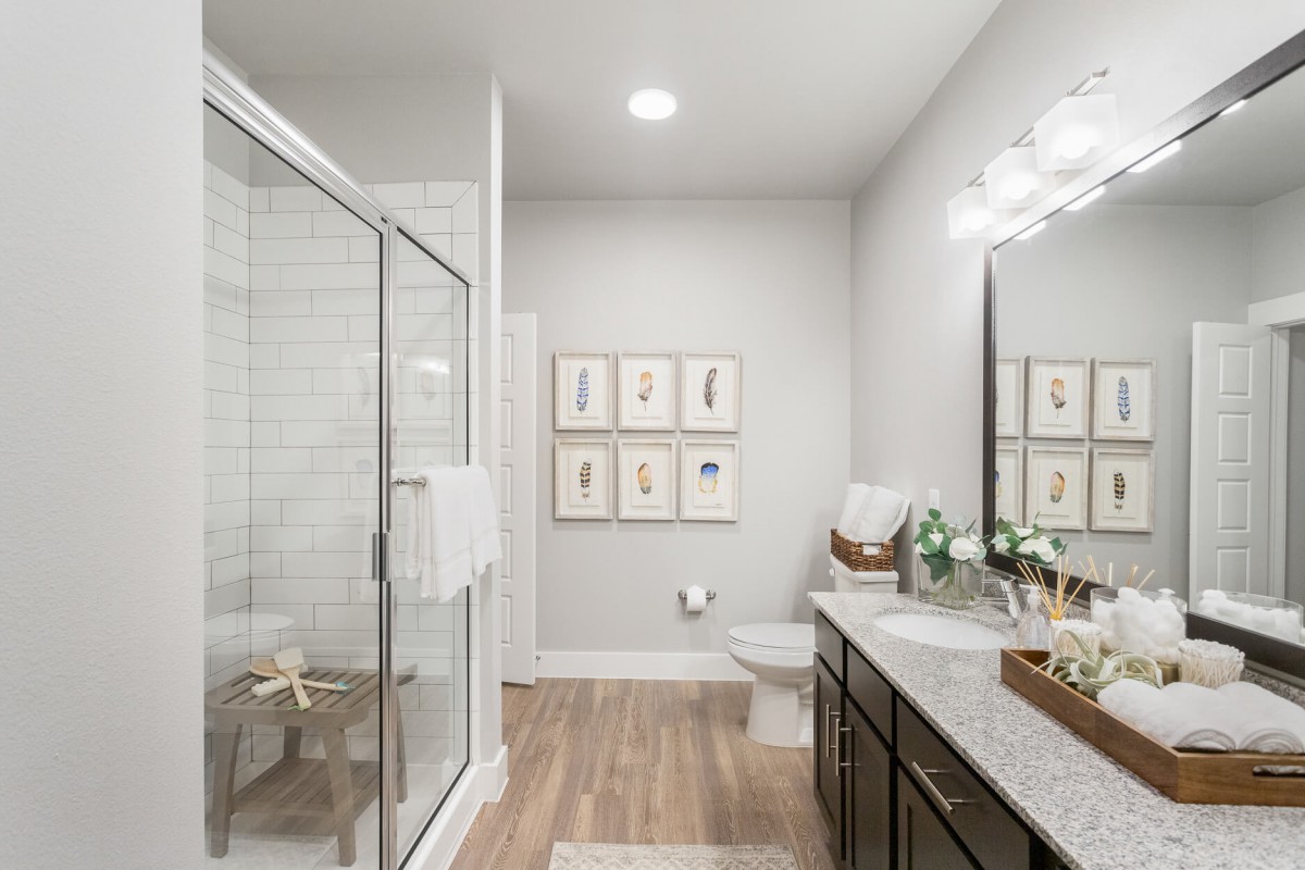 A modern bathroom with a glass shower, vanity, and contemporary decor.
