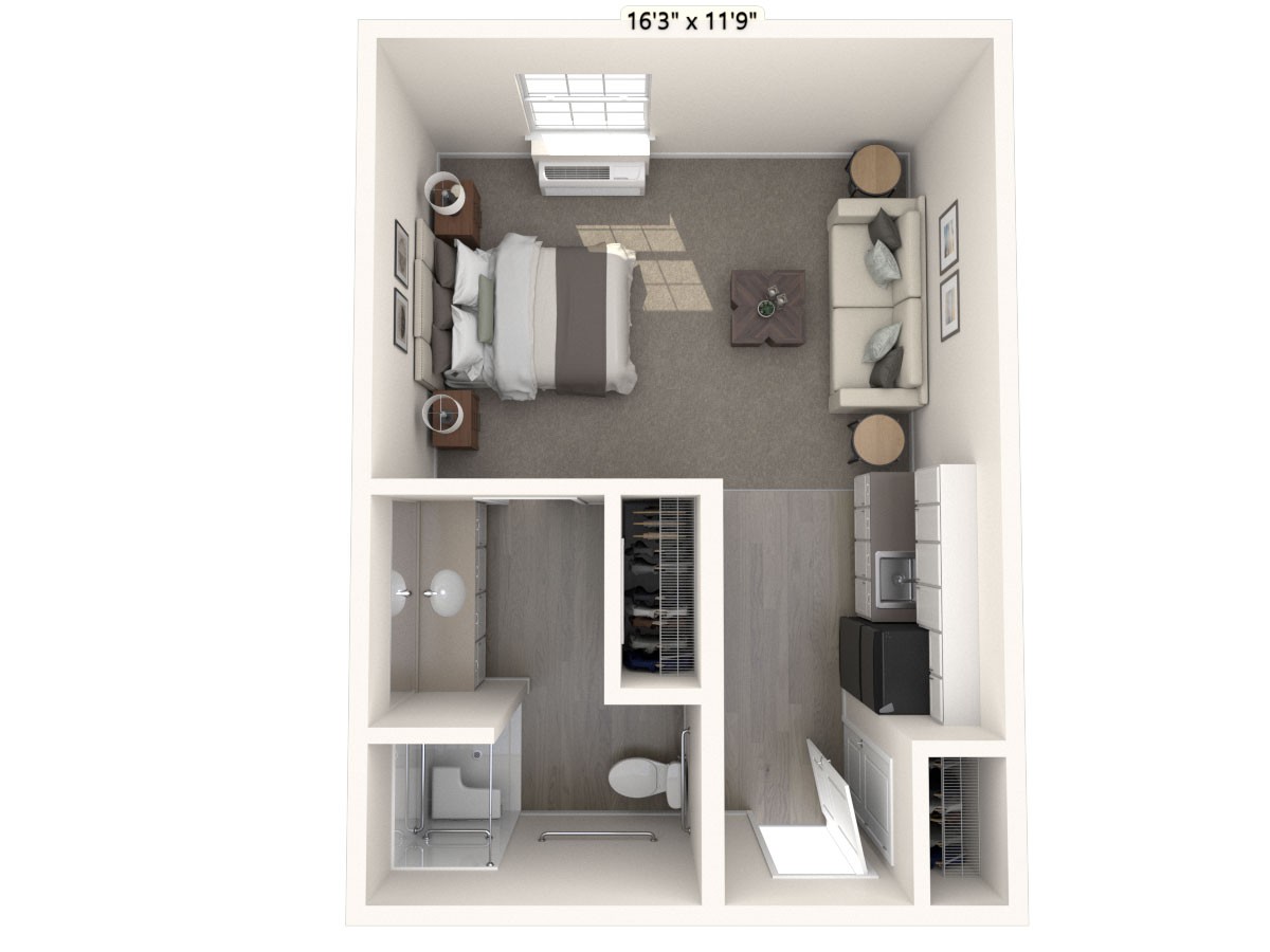 A top-view floor plan of a studio apartment with designated bedroom, living room, kitchen, and bathroom areas.