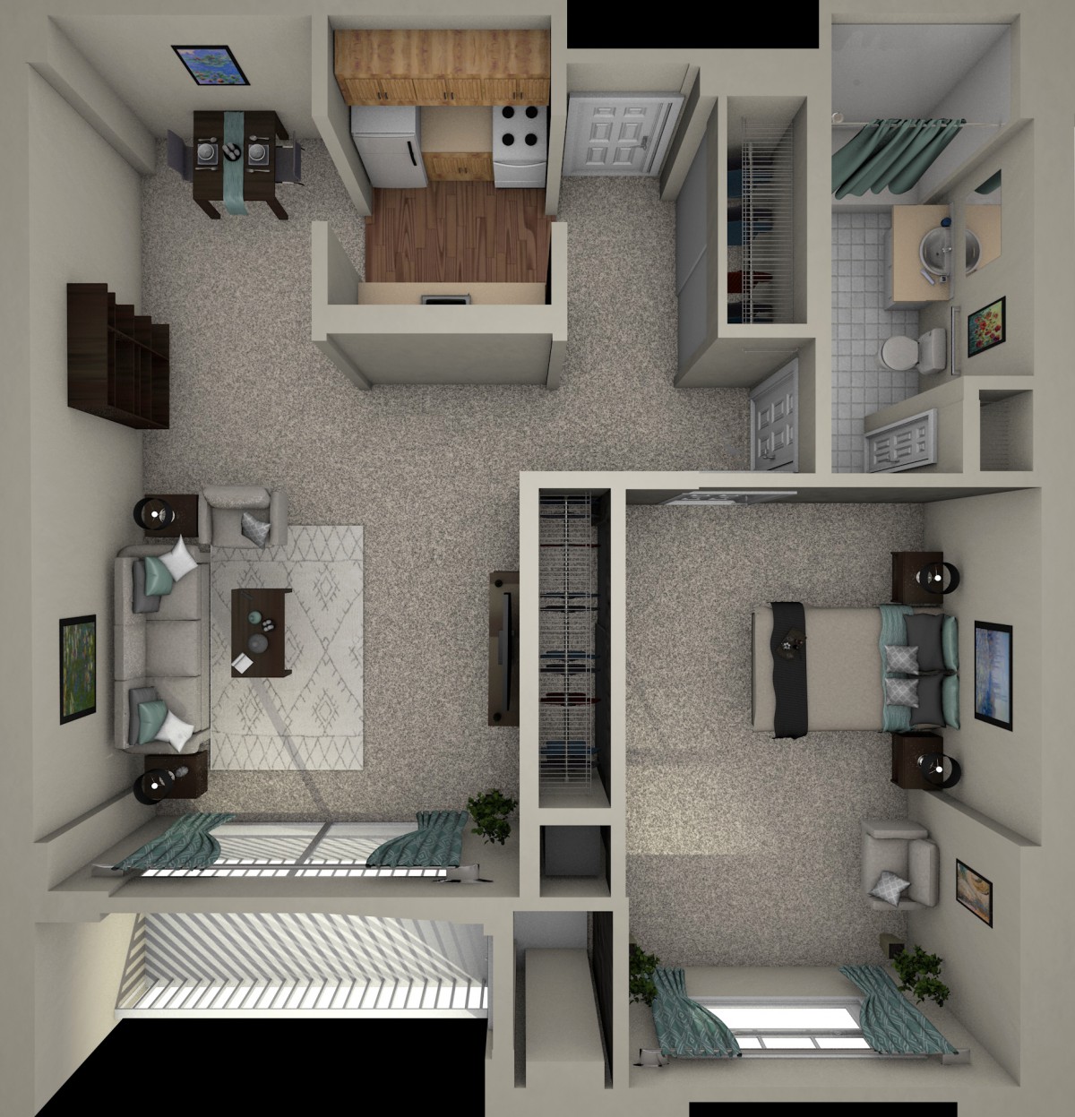 A top-down view of a modern apartment layout featuring a living room, kitchen, and bedroom.