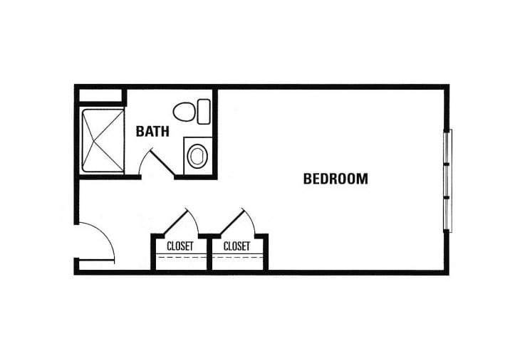 A simple floor plan showing a bedroom with an attached bathroom and two closets.