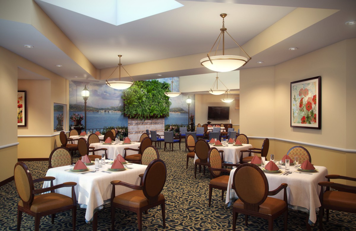 Elegant restaurant dining area with neatly arranged tables and chairs.