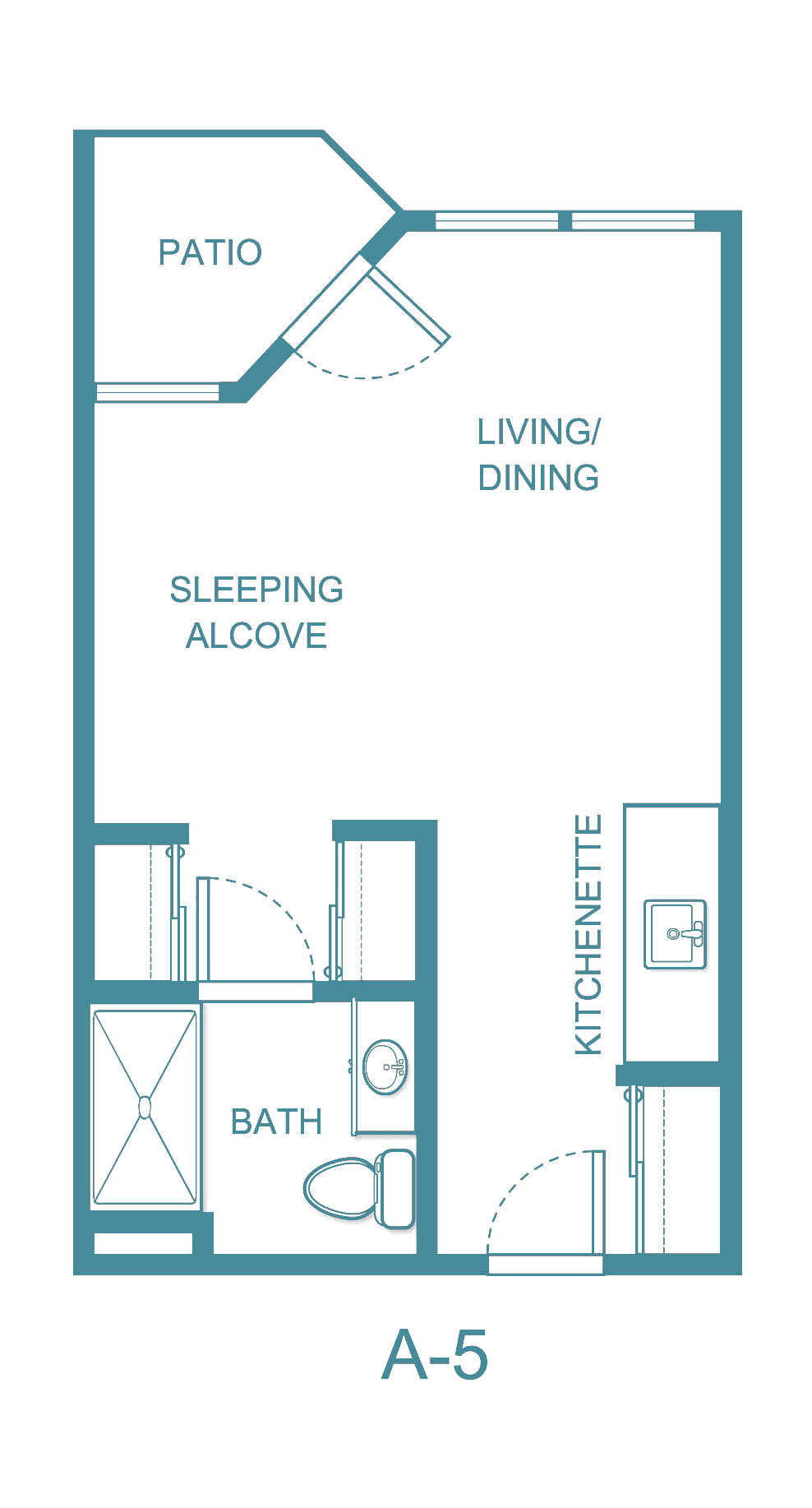Studio apartment floor plan with sleeping alcove, living/dining area, kitchenette, and bathroom.