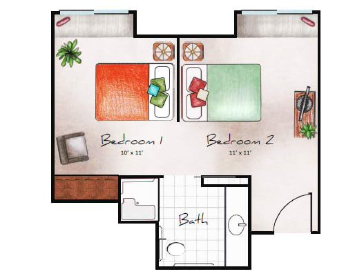 A floor plan showing two bedrooms and a shared bathroom.