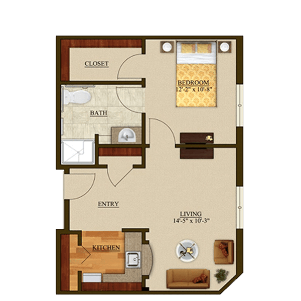 A floor plan of a one-bedroom apartment featuring a living room, kitchen, bathroom, and closet.