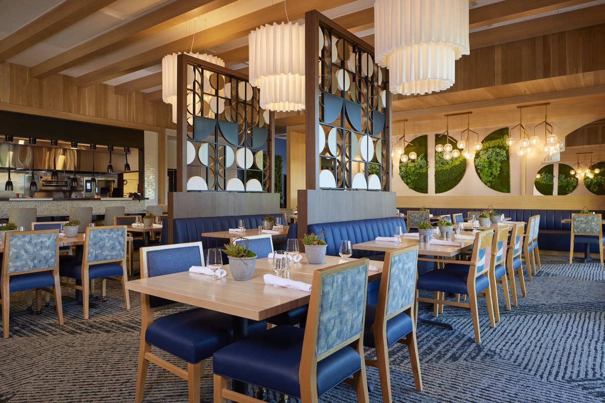 A modern restaurant interior with elegant decor and comfortable seating.