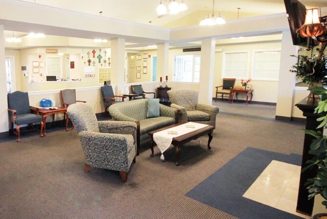 A spacious lobby with comfortable seating and a cozy atmosphere.