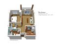 A 3D floor plan of a one-bedroom apartment featuring a kitchen, living area, bedroom, and bathroom.