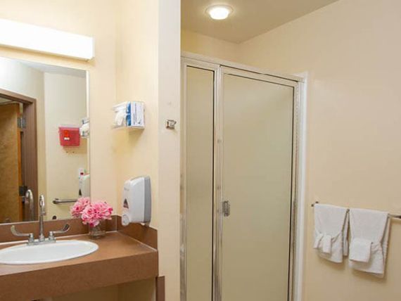 A clean and modern bathroom with a sink, mirror, shower, and decorative flowers.