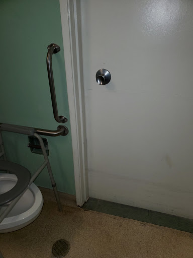 A view of a bathroom door with a grab bar beside the toilet.