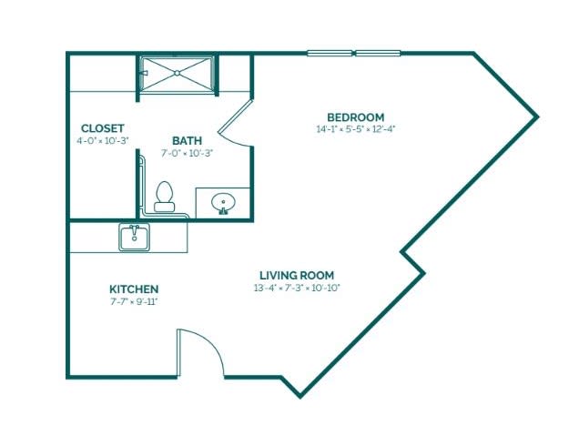 A floor plan showing the layout of a one-bedroom apartment with kitchen, living room, and bathroom.