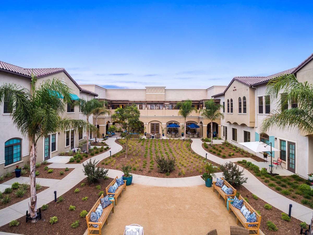A beautifully landscaped courtyard surrounded by modern buildings and palm trees.