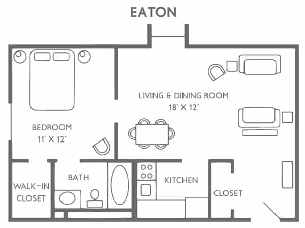 A floor plan of a one-bedroom apartment with labeled rooms including a kitchen, bathroom, living and dining room, and closet.