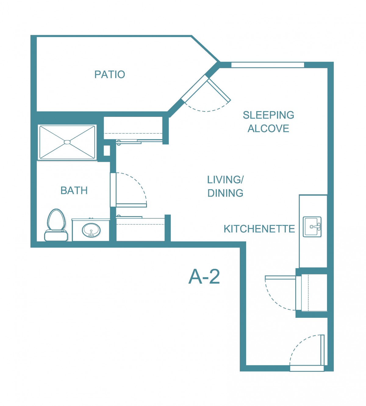 Studio apartment floor plan with a sleeping alcove, kitchenette, living/dining area, and bath.
