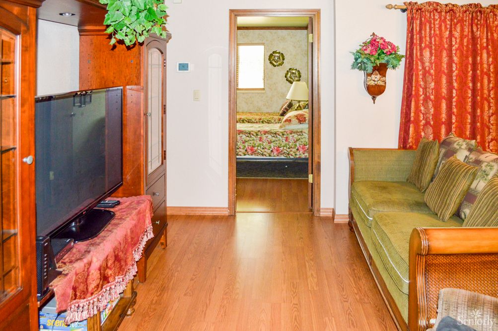 A cozy living room with a television, sofa, and a view into the bedroom.