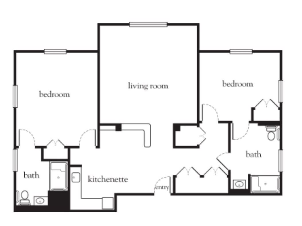 A floor plan depicting the layout of a residential space with bedrooms, a living room, kitchen, and bathrooms.