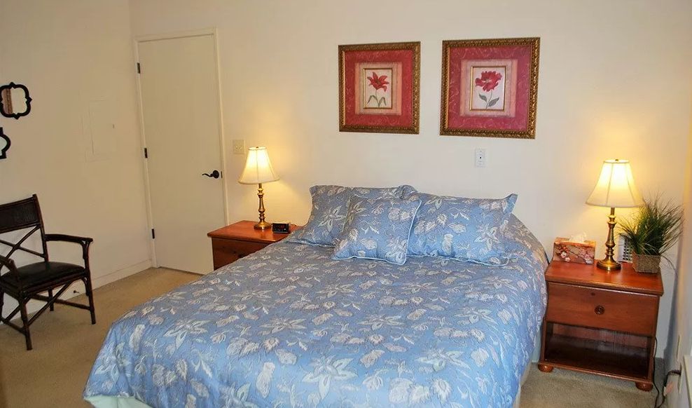 A cozy bedroom with a blue-patterned bedspread, bedside table with a lamp, and framed artwork on the wall.
