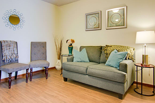 A cozy living room with a sofa, chair, and decorative elements.