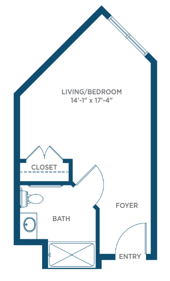 Studio apartment floor plan with labeled areas including living/bedroom, closet, bathroom, and foyer.