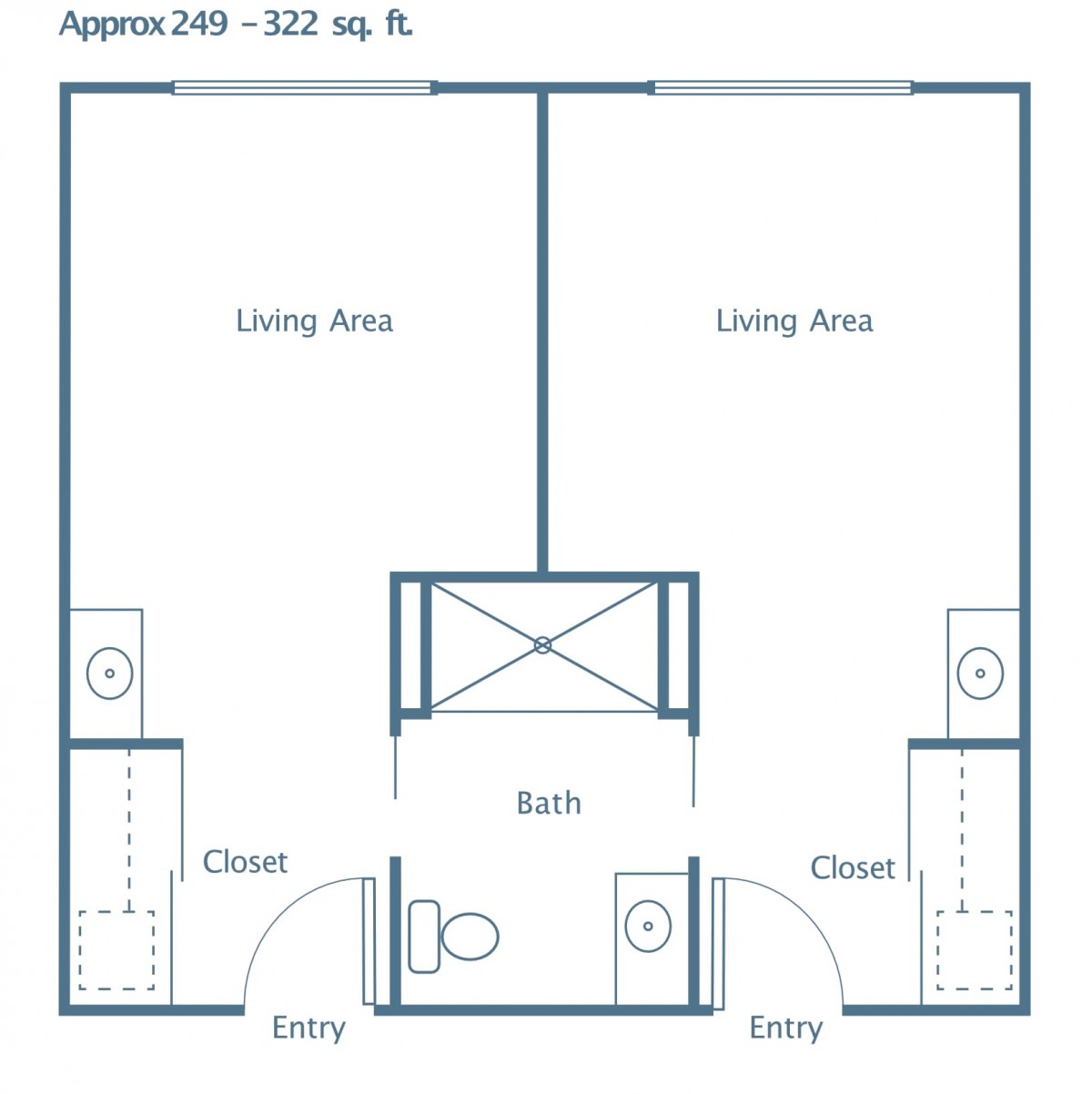 Small apartment floor plan with dual living areas and shared bathroom.