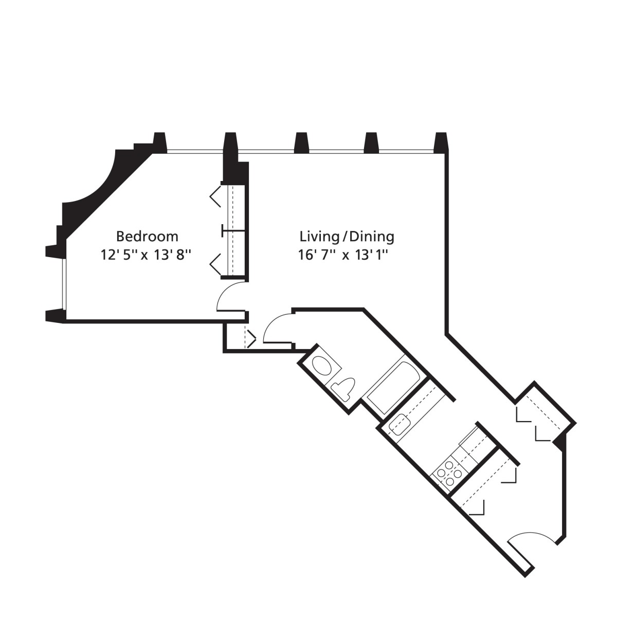 A floor plan of an apartment showing the layout with dimensions for a bedroom and living/dining area.