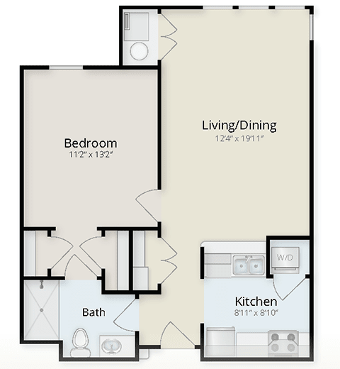 Floor plan of a one-bedroom apartment with living/dining area, kitchen, and bathroom.