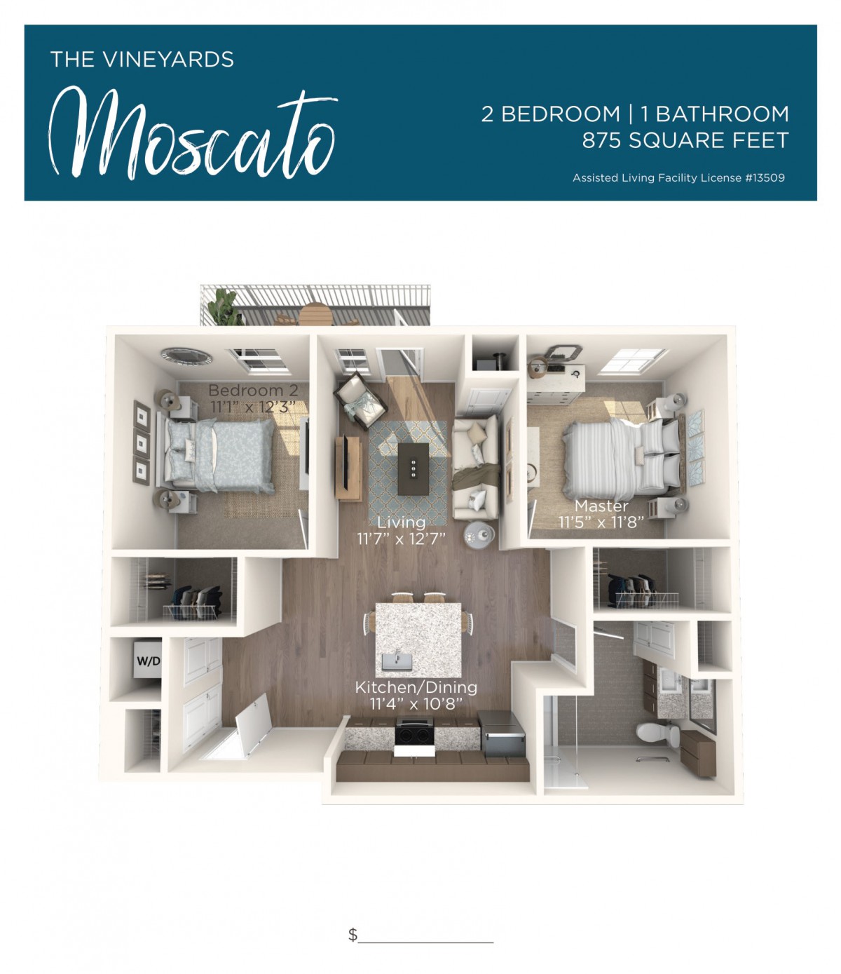 A 3D floor plan of a two-bedroom, one-bathroom apartment named 'Moscato', covering 875 square feet.