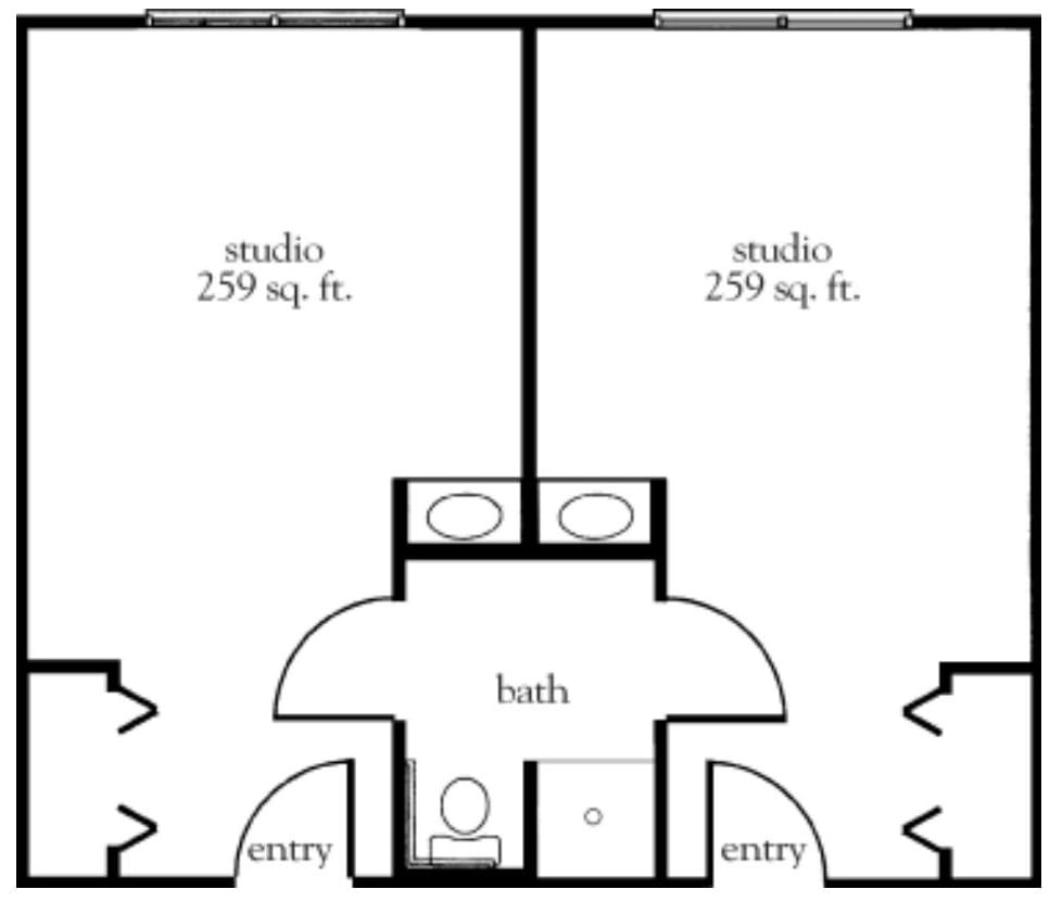 Floor plan showing the layout of two studio apartments with a shared bathroom.