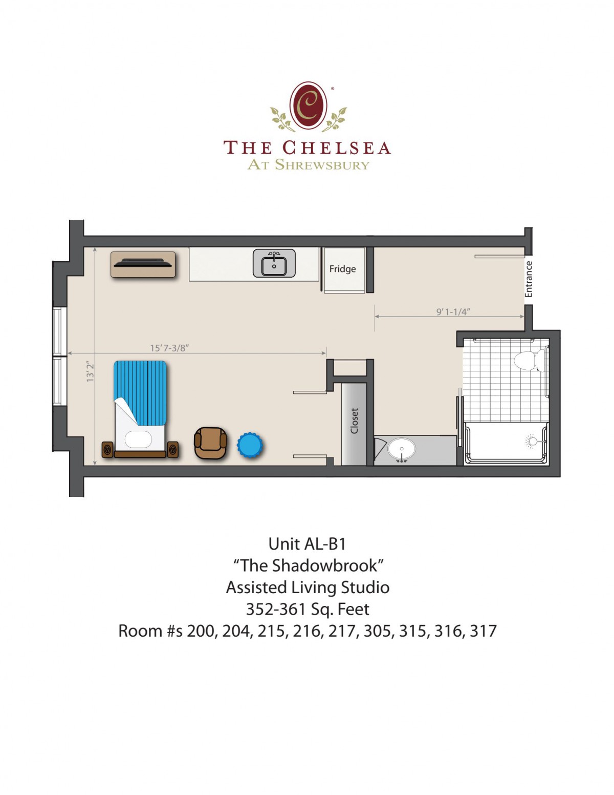 Layout of The Shadowbrook Assisted Living Studio at The Chelsea.