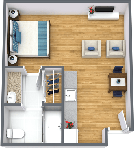 A 3D floor plan of a small apartment with a bedroom, living room, kitchen, and bathroom.