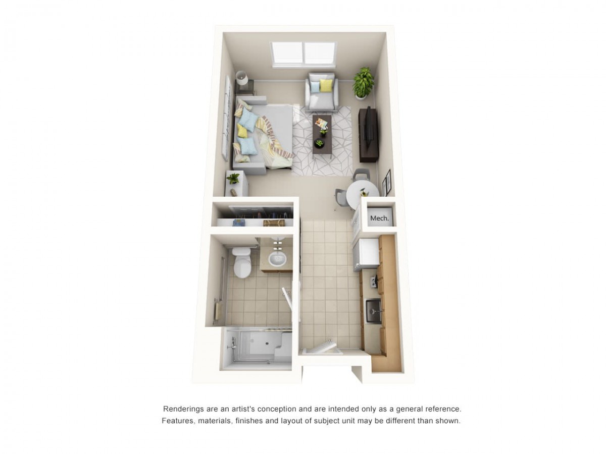 A detailed floor plan of a compact studio apartment featuring a bedroom, living area, kitchen, and bathroom.