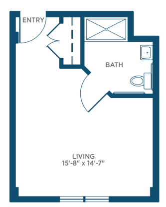 A simple studio apartment floor plan featuring a living area, bathroom, and entryway.