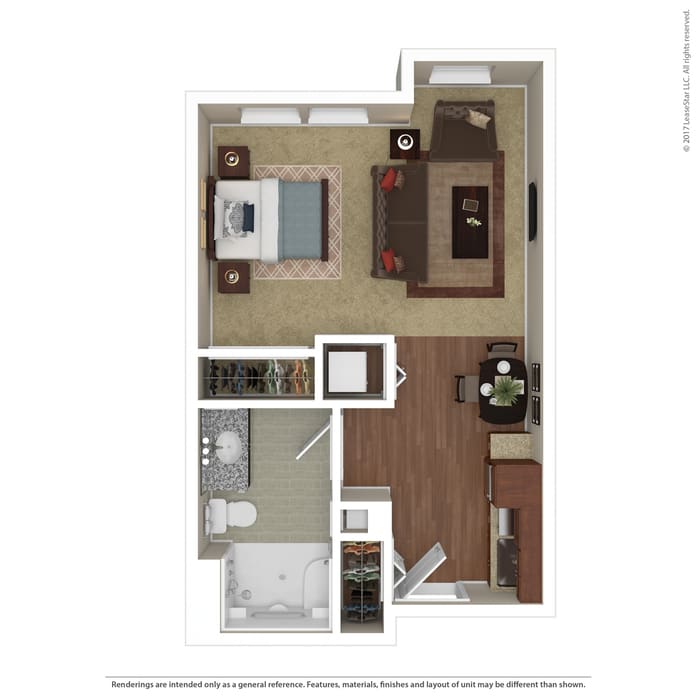 A 3D floor plan of a one-bedroom apartment showing the arrangement of the bedroom, living area, kitchen, and bathroom.