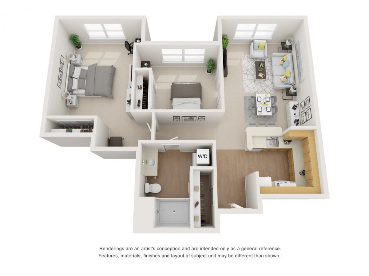A 3D-rendered floor plan of a two-bedroom apartment showcasing the layout of rooms and furnishings.