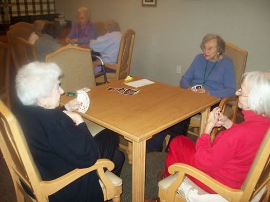 A group of elderly people sitting around a table indoors.