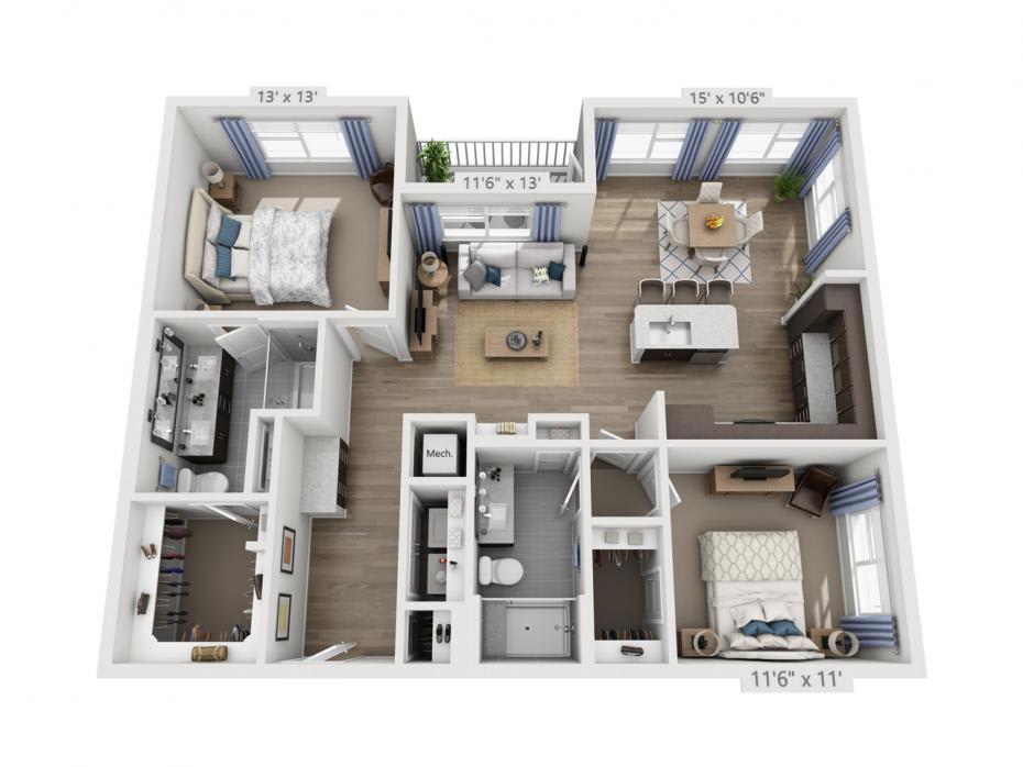 A 3D rendered floor plan of a one-bedroom apartment featuring an open kitchen, living area, and bathroom.