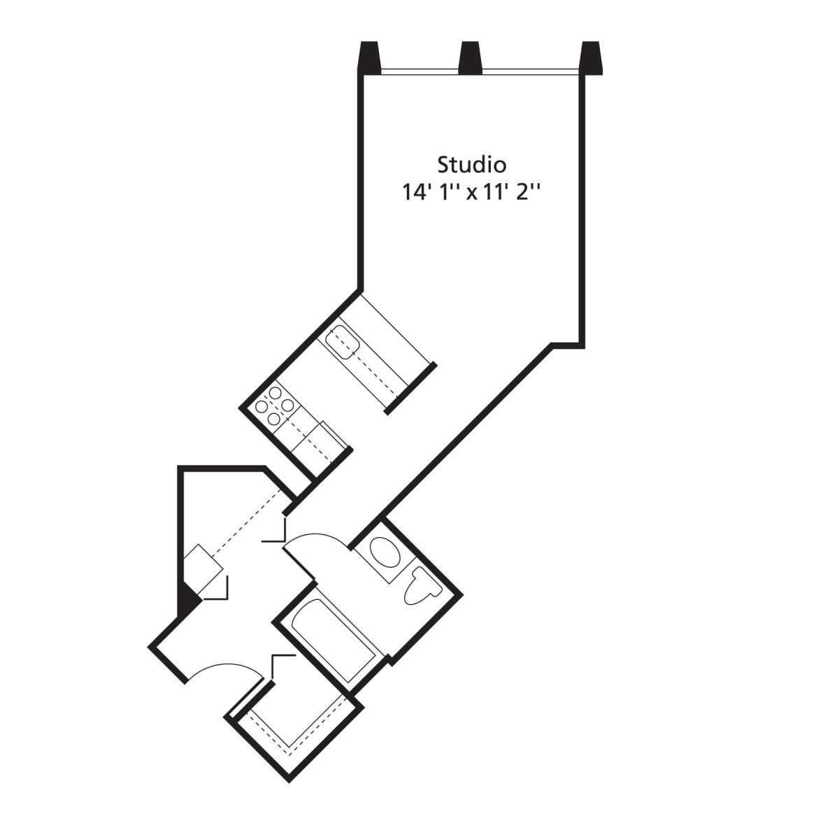 Floor plan of a studio apartment with detailed layout.