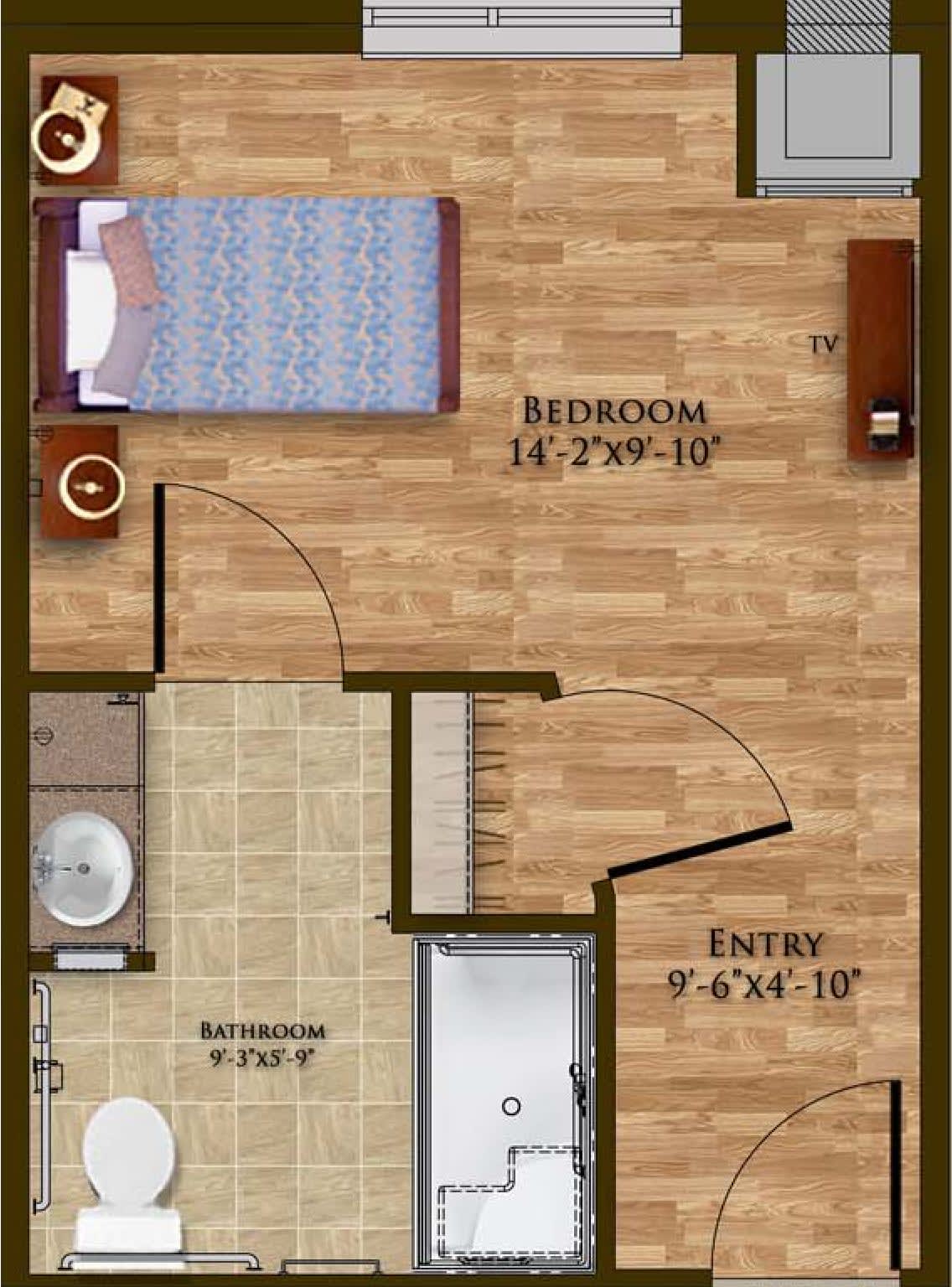 A detailed floor plan of an apartment showing the bedroom, bathroom, and entry area.