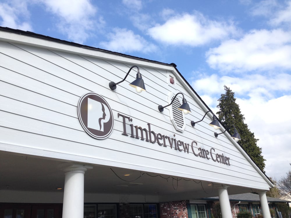 The exterior of Timberview Care Center with its signage displayed prominently on the building.