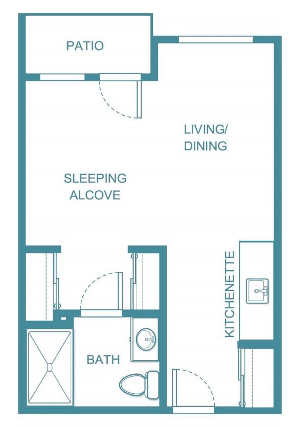 Studio apartment floor plan with sleeping alcove, kitchenette, and bath.