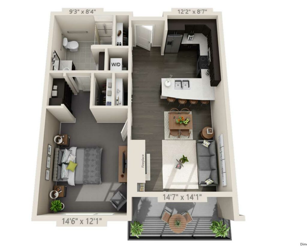 A 1-bedroom apartment floor plan featuring a kitchen, living room, bathroom, and balcony.