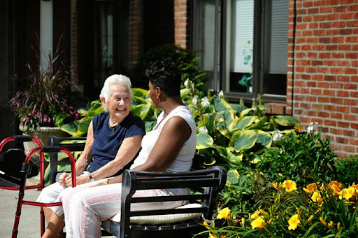 Two women enjoying a warm conversation in a vibrant garden.