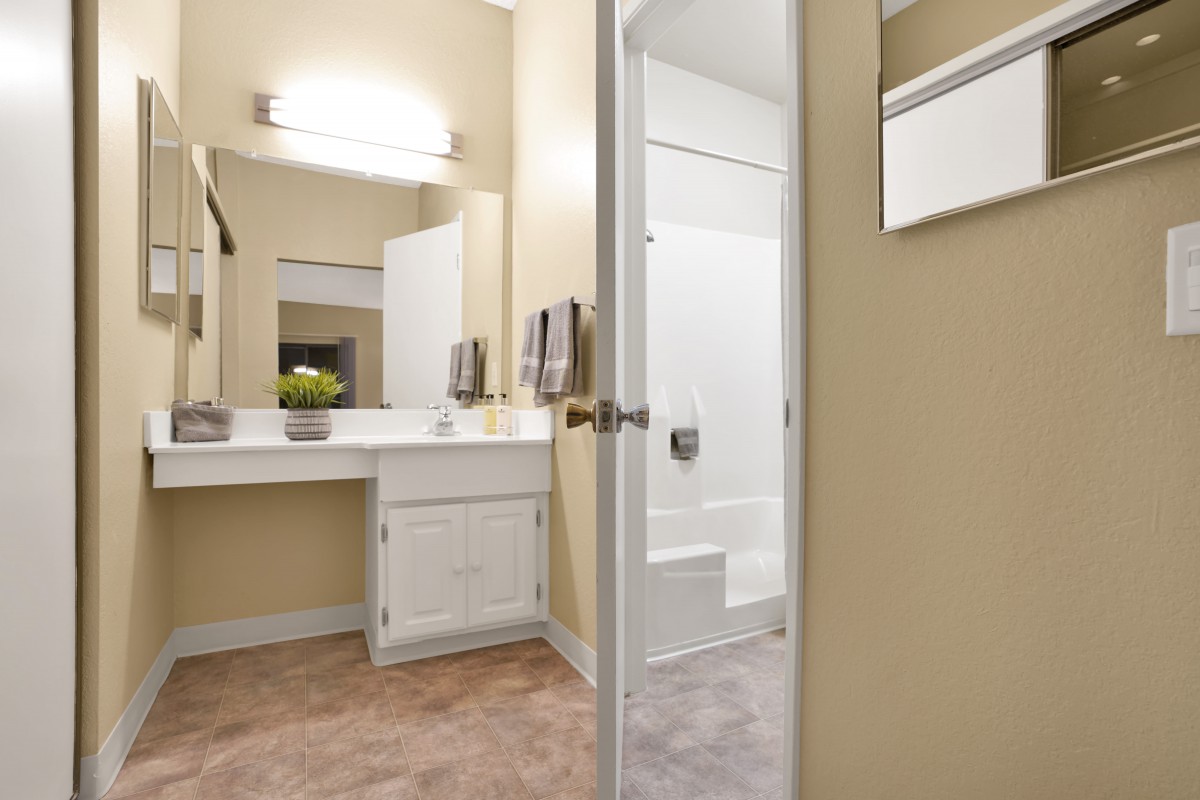 Modern bathroom with a vanity area and an adjacent shower.