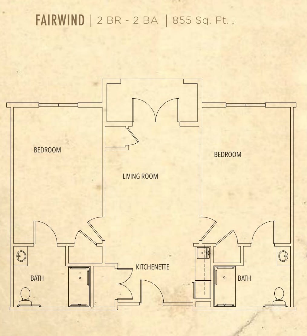 A floor plan of a two-bedroom apartment with labeled rooms including the living room, kitchen, and bathrooms.