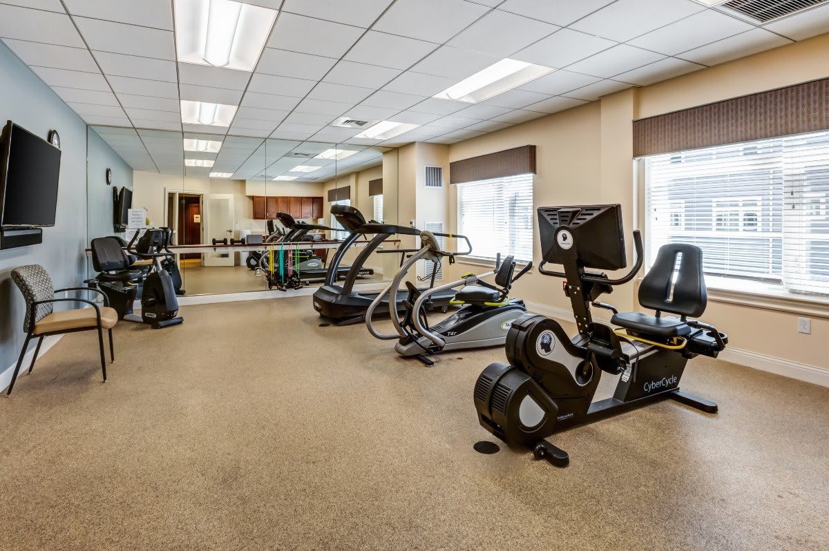 A well-equipped gym featuring treadmills, stationary bikes, and other fitness equipment.