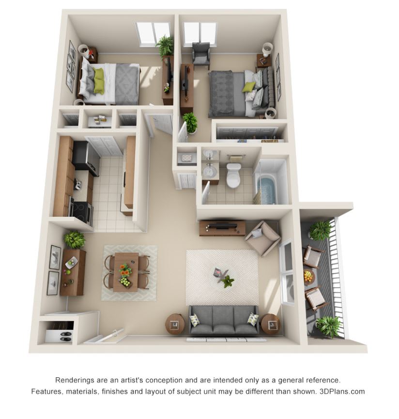 A 3D rendered floor plan of an apartment showcasing two bedrooms, a living room, kitchen, and bathroom.