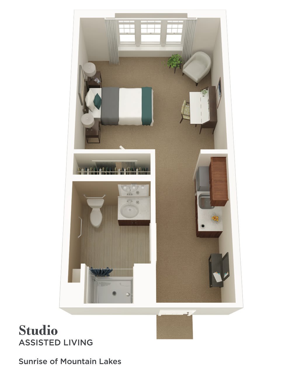 3D floor plan of a studio apartment showcasing its compact and efficient layout.