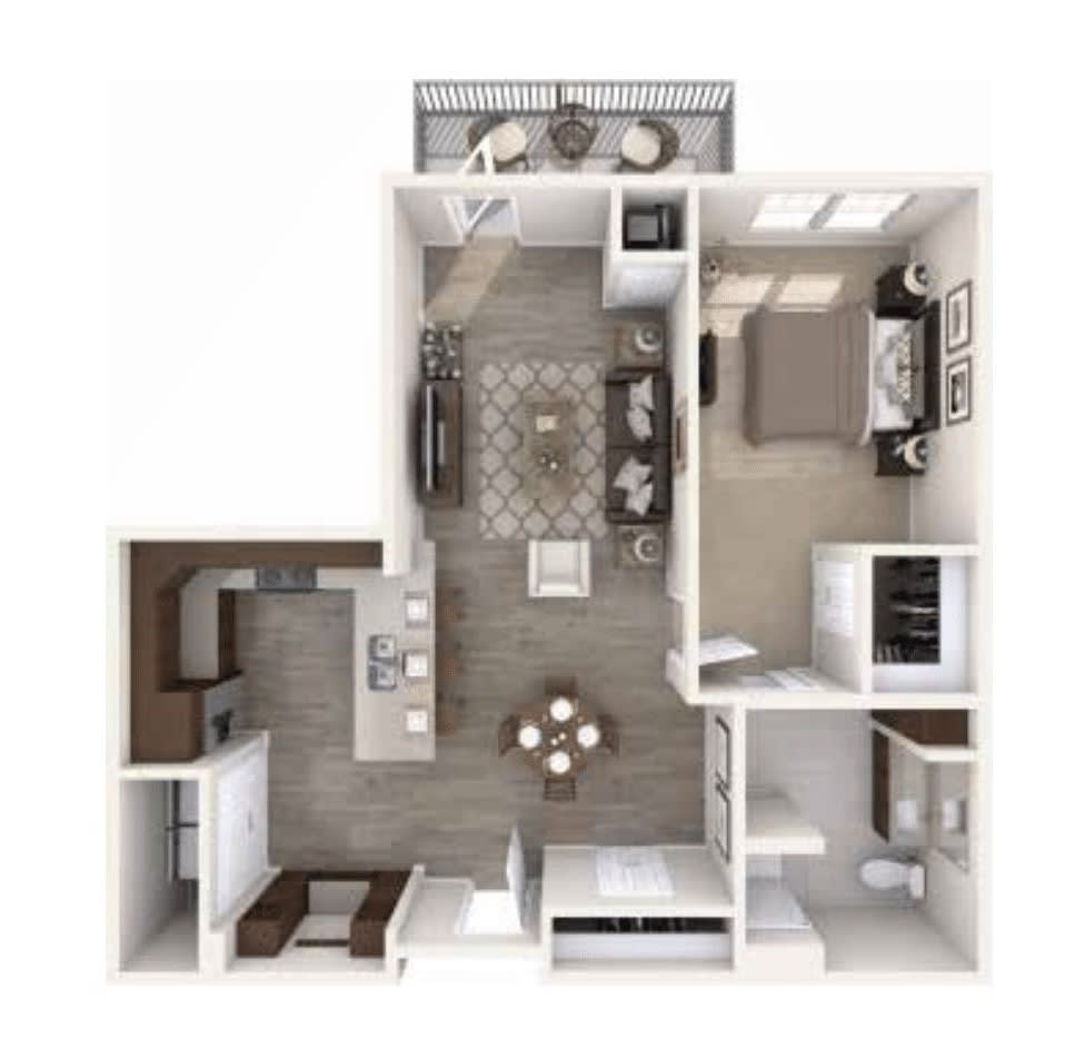 A 3D rendered floor plan of a modern apartment, featuring one bedroom, a living room, kitchen, and dining area.