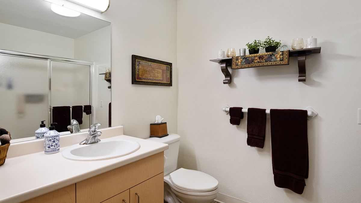 A neat and tidy bathroom with a sink, toilet, mirror, towels, and decorative elements.
