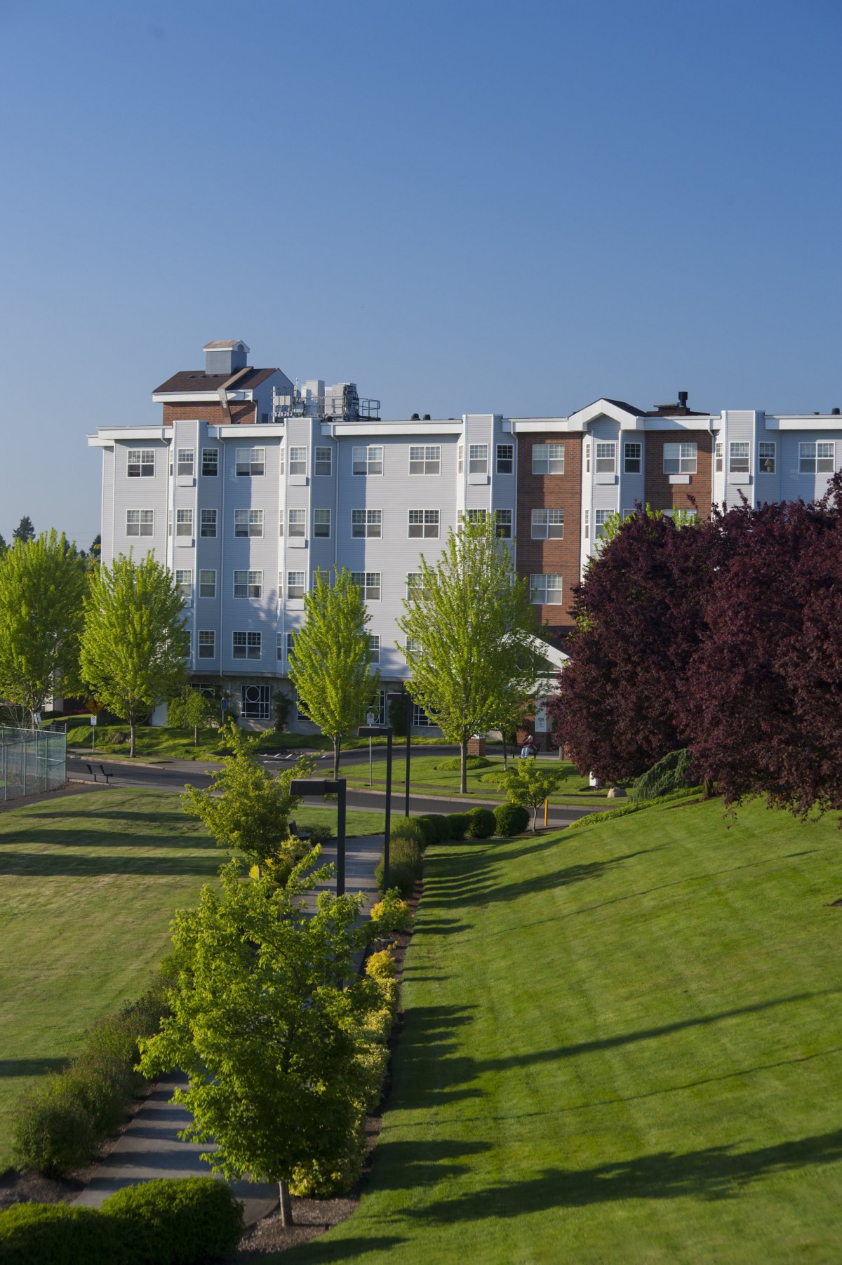 A well-maintained apartment complex with lush green lawns and trees on a sunny day.